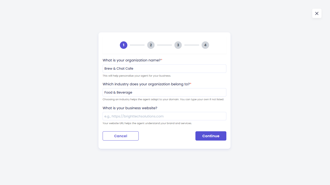 Organization information form filled in