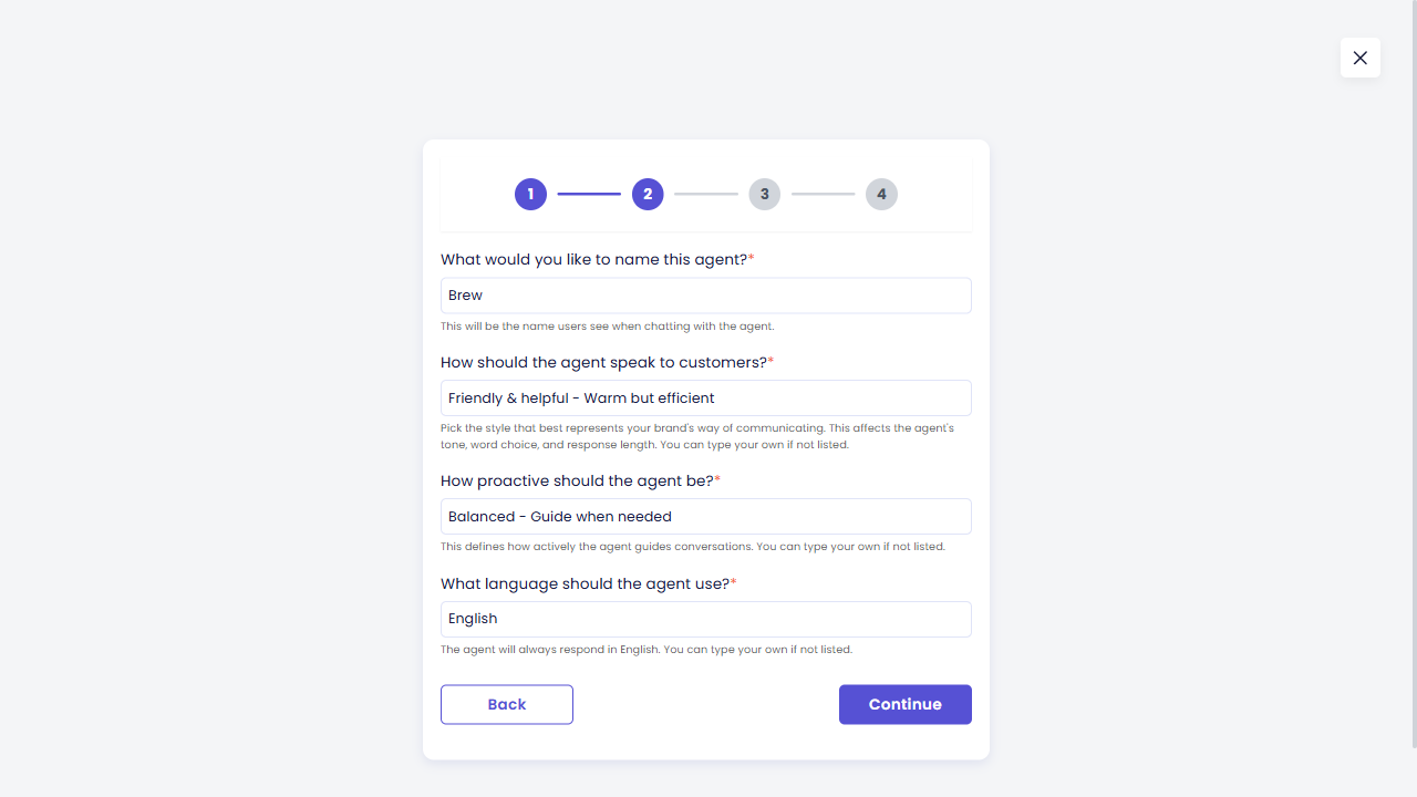 Agent behavior settings filled in