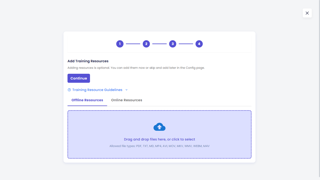 Add Training Resources step — click Continue to skip