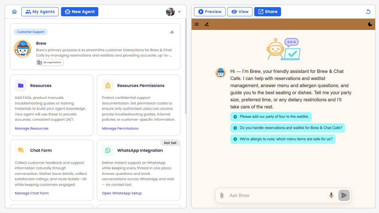 Agent configuration page with preview panel on the right