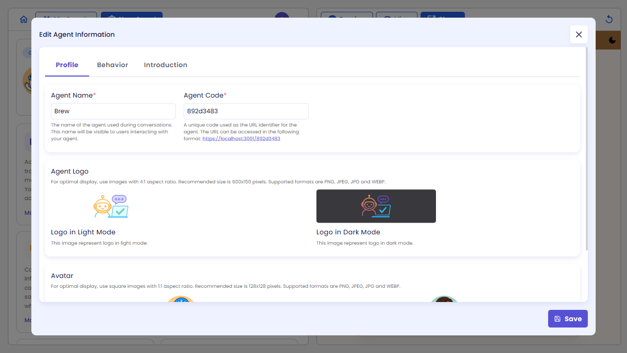 Edit Agent Information dialog — Profile tab with empty logo and avatar upload areas