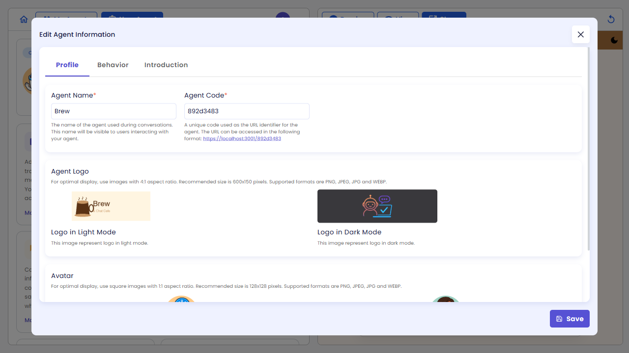 Profile tab after uploading brew-logo.png to the logo slots and brew-avatar.png to the avatar slots