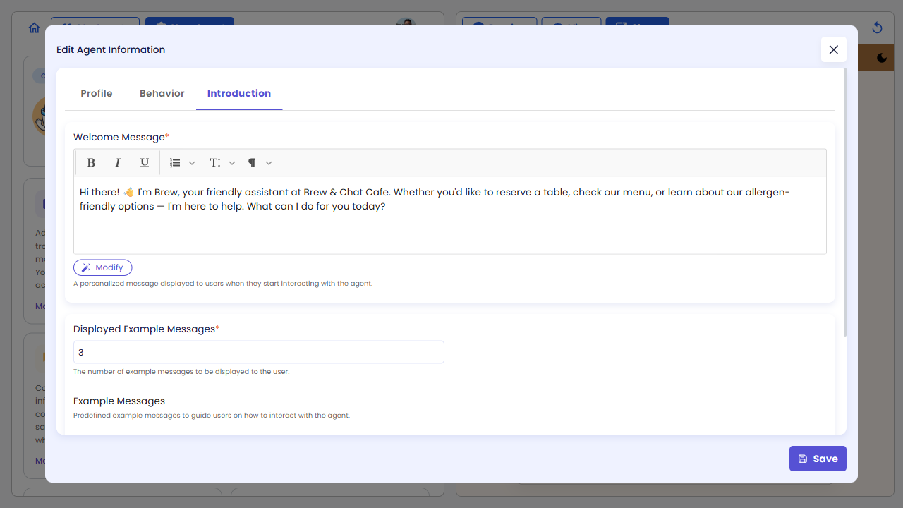 Introduction tab after replacing the welcome message with Brew's new greeting