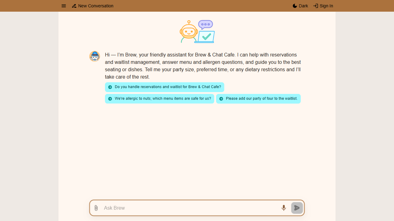 The live Brew agent opened via the View button — showing the currently published version