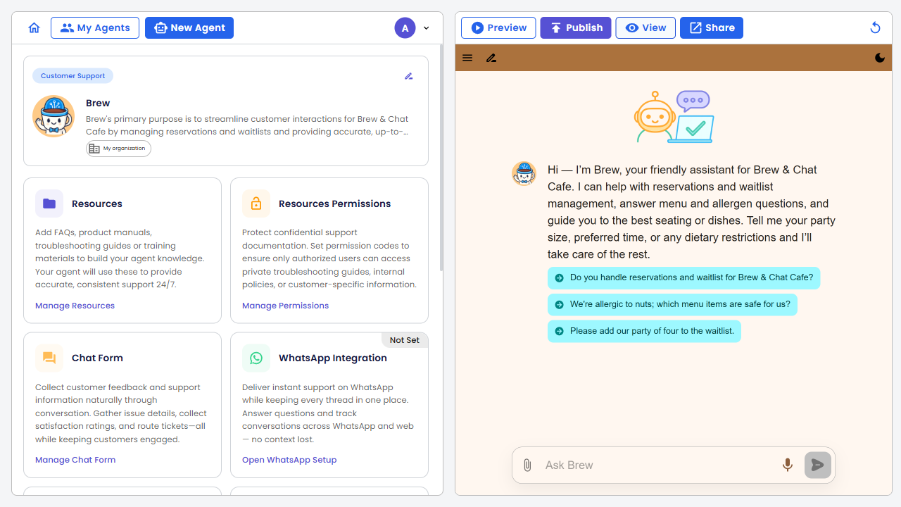 Config page after saving — Brew's avatar is now visible in the agent card