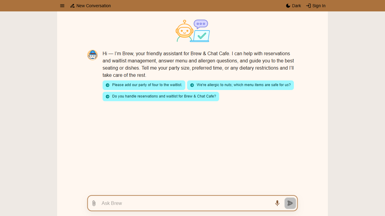 The live Brew agent after publishing — all saved changes are now applied