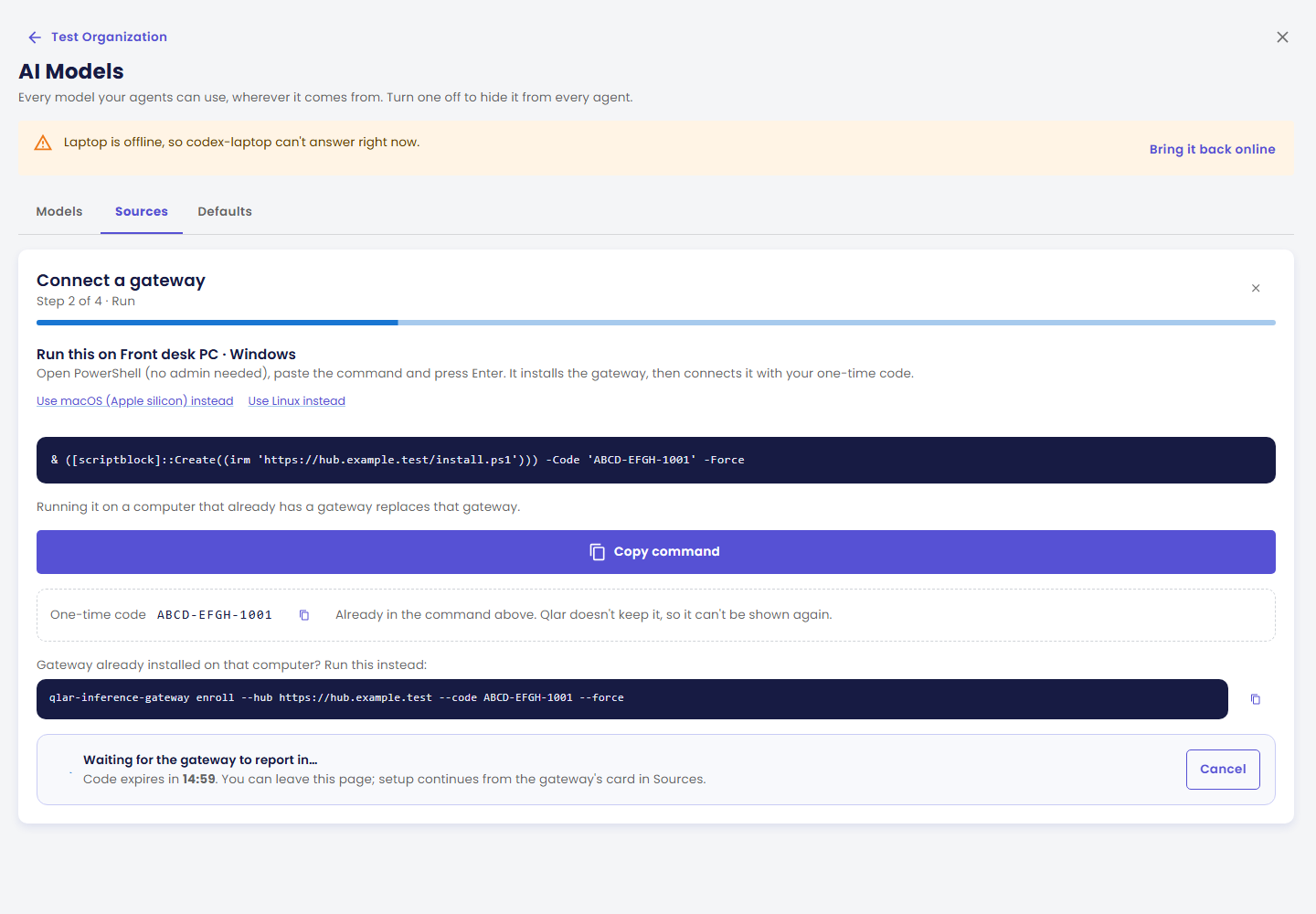 Connect a gateway, langkah 2 dari 4: perintah Windows di kotak gelap, tombol Copy command selebar layar, kode sekali pakai, perintah enrol untuk komputer yang sudah punya gateway, dan hitung mundur selama menunggu gateway melapor