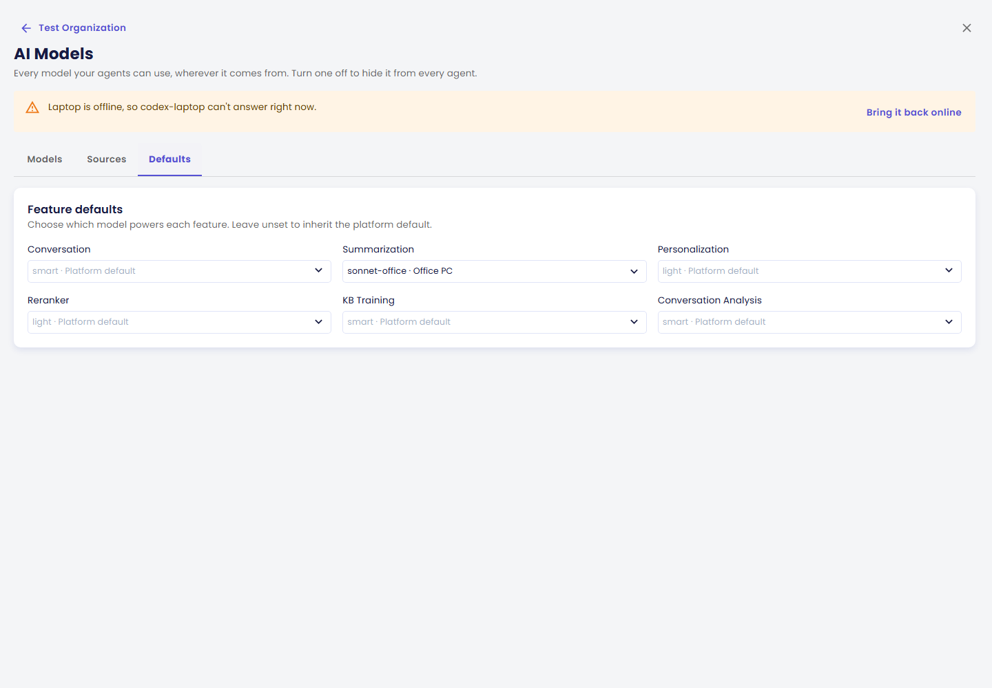 Tab Defaults dengan Summarization diatur ke sonnet-office di Office PC dan fitur lainnya memakai default platform