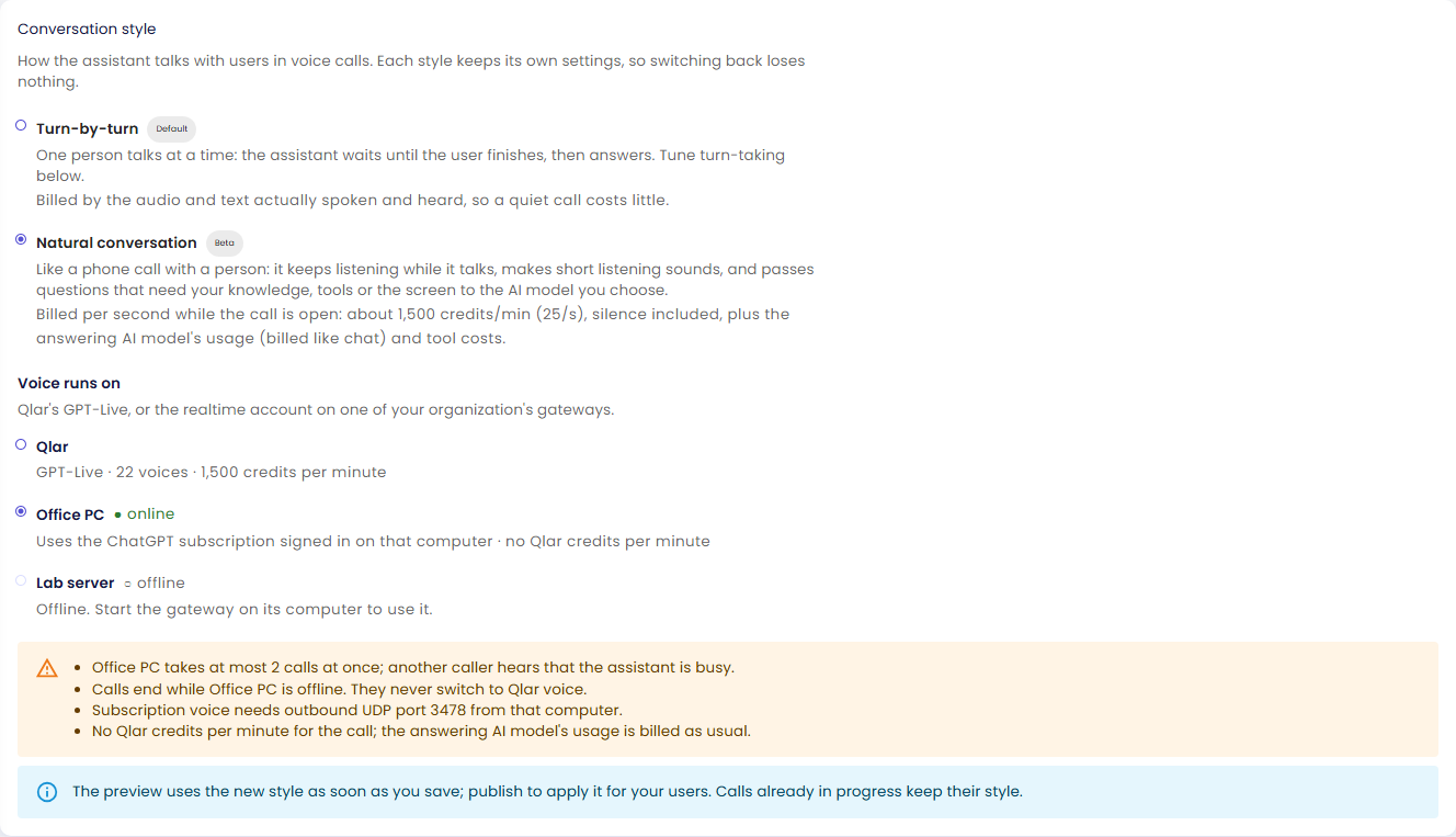 Kartu Conversation style dengan Natural conversation terpilih dan Voice runs on diatur ke Office PC (online), Lab server offline dan nonaktif, serta peringatan berisi batasan gateway