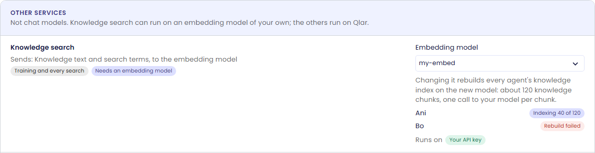 Other services on the Tasks tab: Knowledge search with the Embedding model my-embed, the note that changing it rebuilds every agent's knowledge index (about 120 knowledge chunks, one call to your model per chunk), agent Ani Indexing 40 of 120, agent Bo Rebuild failed, and Runs on Your API key