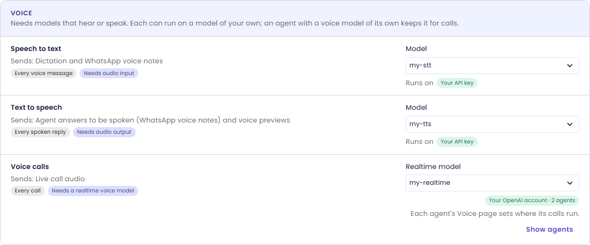 The Voice group on the Tasks tab: Speech to text on my-stt, Text to speech on my-tts, both Runs on Your API key, and Voice calls on the realtime model my-realtime with Your OpenAI account · 2 agents