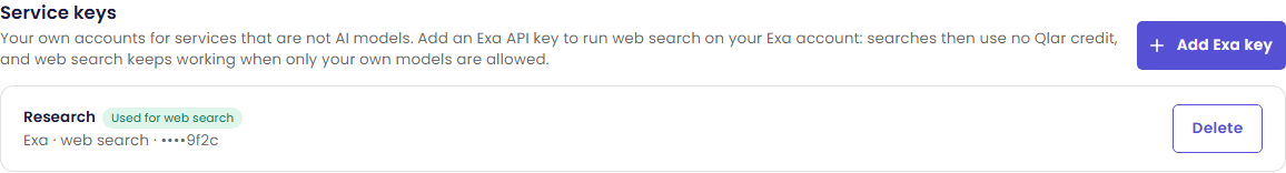 The Service keys section on the Sources tab with the Add Exa key button and the key Research, Exa · web search · ••••9f2c, marked Used for web search
