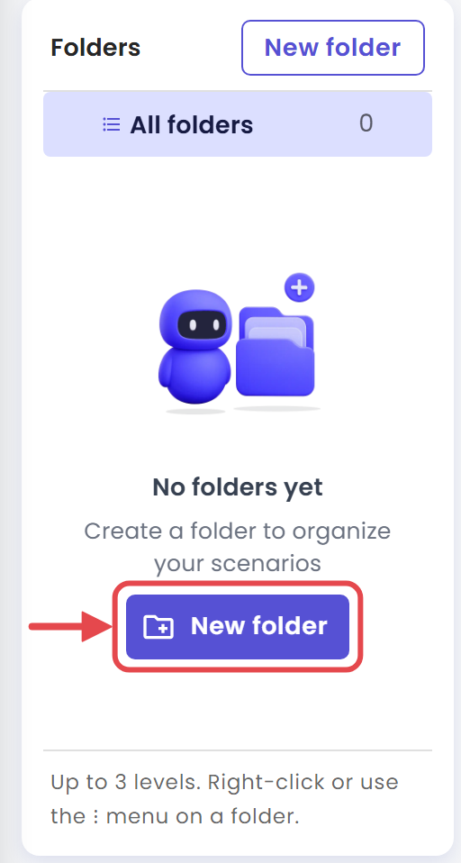 Folders panel of a new agent saying No folders yet, with the New folder button in the empty state marked and an arrow pointing to it