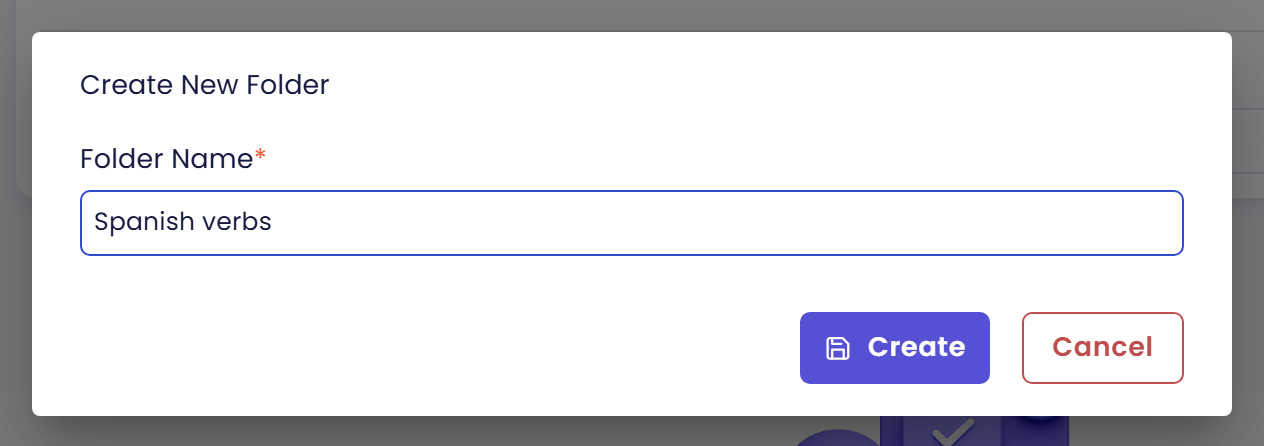 Create New Folder dialog with the Folder Name Spanish verbs and the Create and Cancel buttons