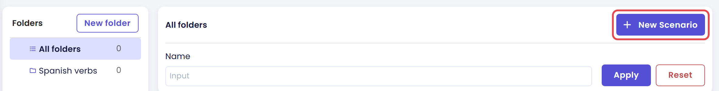 Scenarios tab with the Spanish verbs folder in the Folders panel and the New Scenario button marked