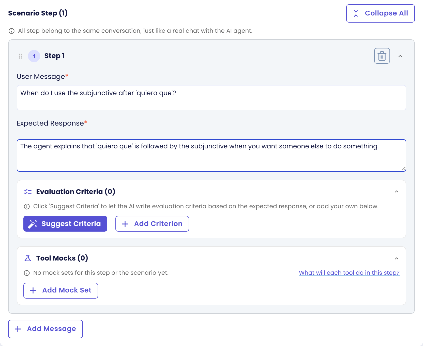 Create New Scenario form, Step 1 filled in with a User Message and an Expected Response, and the Suggest Criteria, Add Criterion and Add Message buttons below