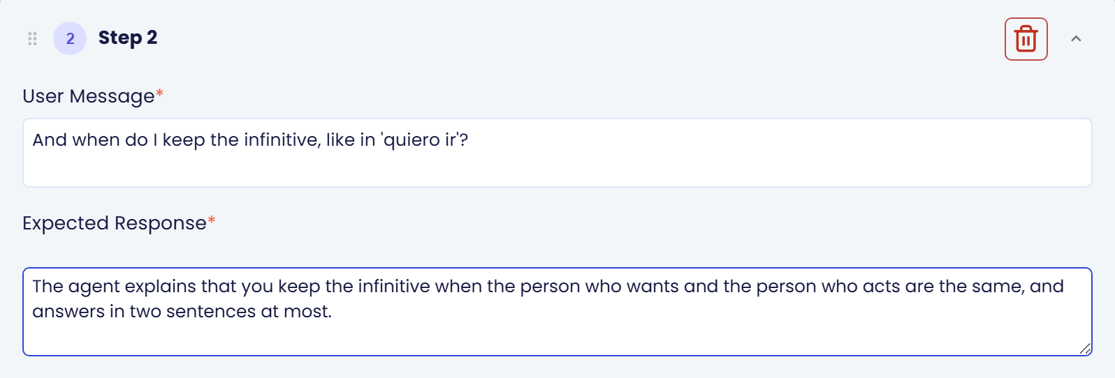 Step 2 of the scenario filled in with its own User Message and Expected Response
