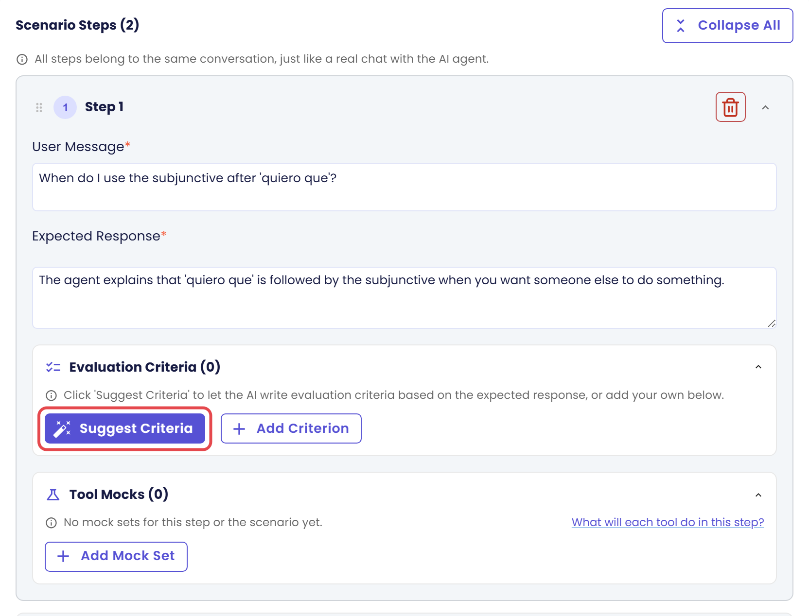 Step 1 with the Suggest Criteria button marked, above an empty Evaluation Criteria (0) box