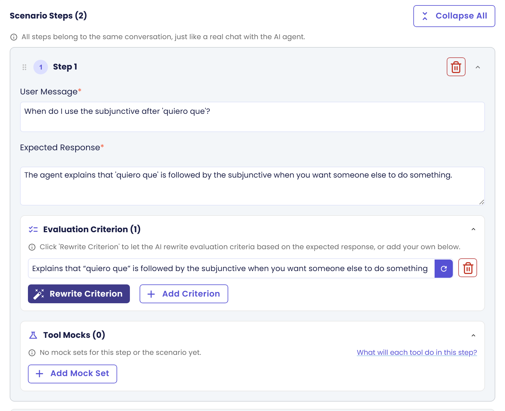 Step 1 after suggesting: the Evaluation Criterion (1) box lists one criterion and the button now reads Rewrite Criterion