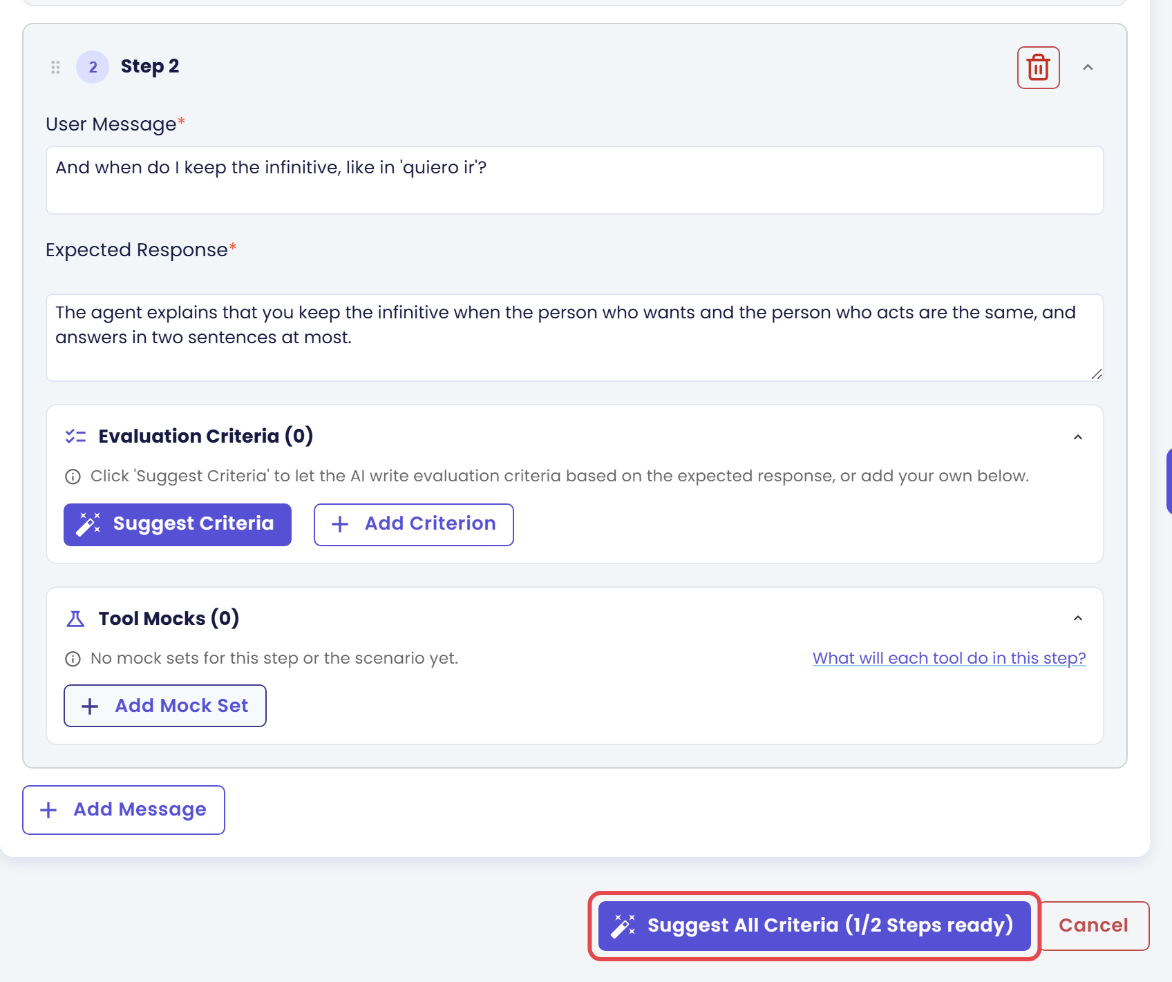 Bottom of the form with Step 2 still without criteria and the Suggest All Criteria (1/2 Steps ready) button marked, next to Cancel