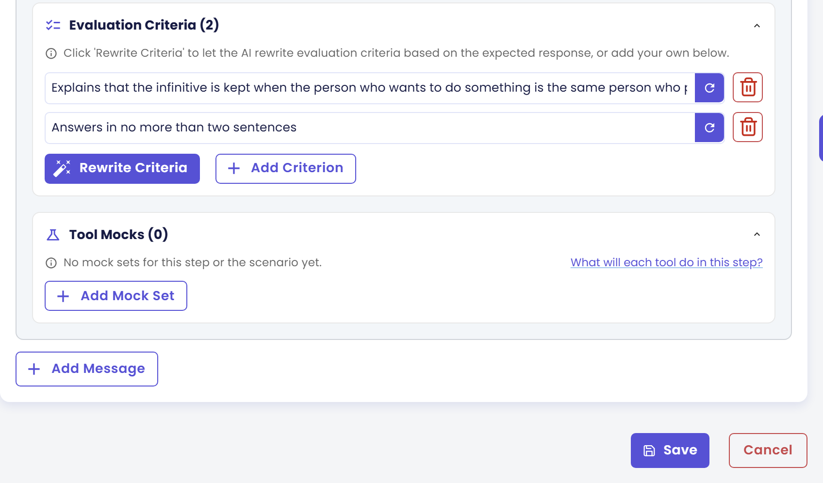 Bottom of the form after both steps have criteria: Evaluation Criteria (2) for Step 2, with the Save and Cancel buttons