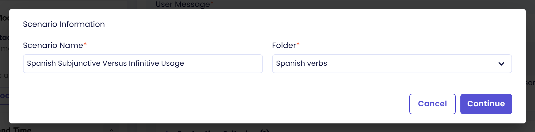 Scenario Information dialog with the suggested Scenario Name Spanish Subjunctive Versus Infinitive Usage, the Folder Spanish verbs and the Continue button