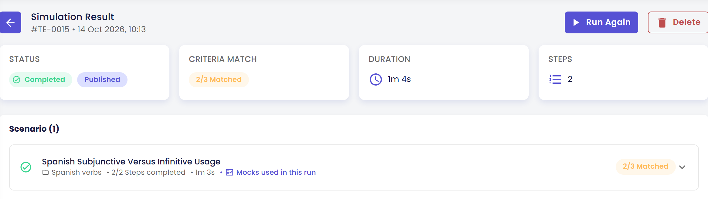 Top of the Simulation Result page: status Completed and Published, CRITERIA MATCH 2/3 Matched, DURATION and STEPS cards, and the scenario listed under Scenario (1)