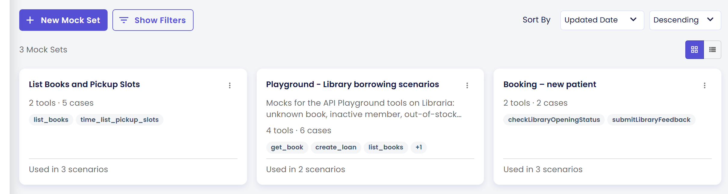 Tool Mocks screen with the New Mock Set button, the Show Filters button, Sort By and view buttons, and three mock set cards, each with its tools and a Used in n scenarios line