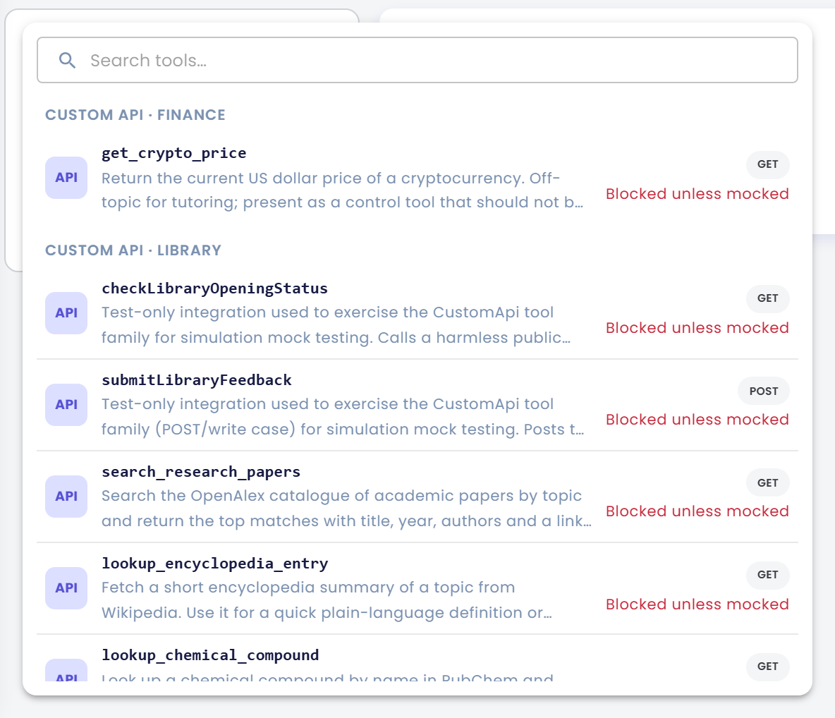 Add tool list with a Search tools field and tools grouped under CUSTOM API · FINANCE and CUSTOM API · LIBRARY headings, each with its HTTP method chip and the default label Blocked unless mocked