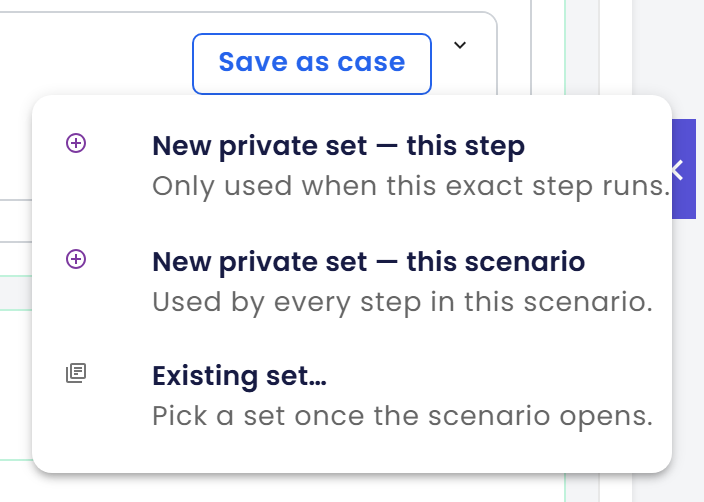 Menu with three choices: New private set — this step, New private set — this scenario and Existing set…, each with a short note